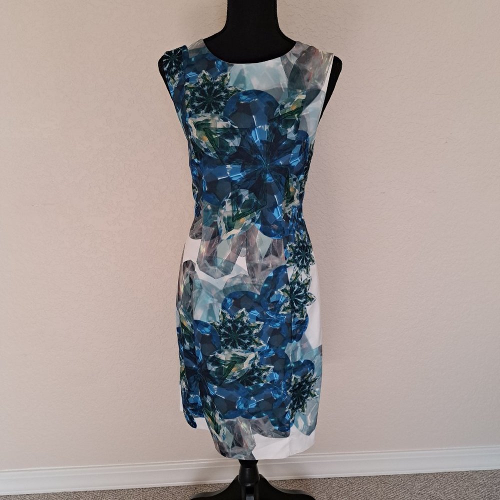 H&M sleeveless, fully lined, multicolored gem stone geometric print sheath dress